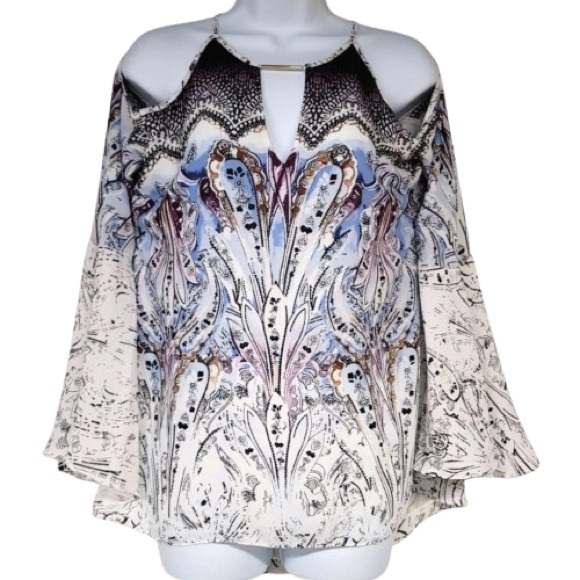 White House Black Market Tops - White House Black Market White and Blue Paisley Boho Blouse Cut Out Shoulder